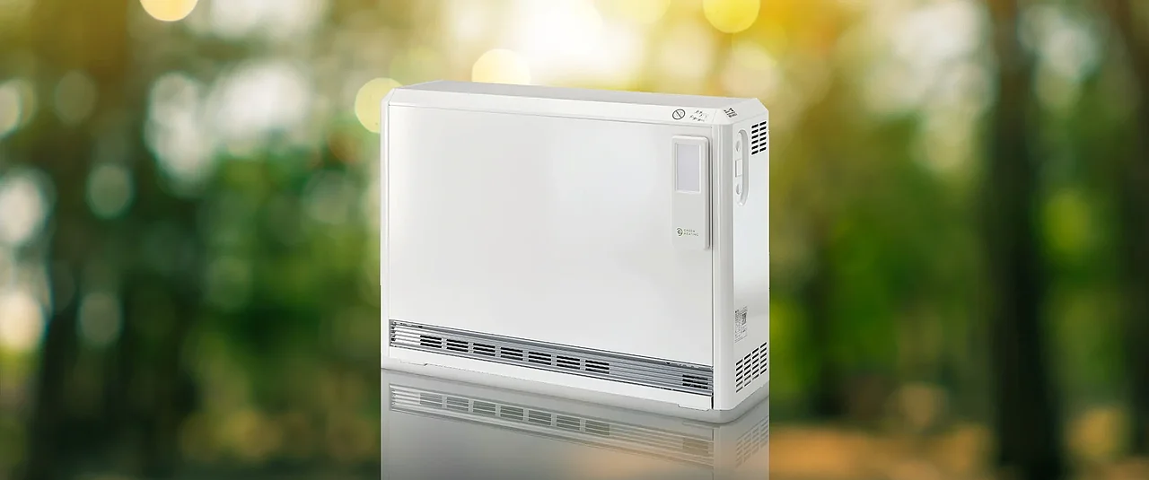 Eine Speicherheizung vor einem unscharfen Waldhintergrund