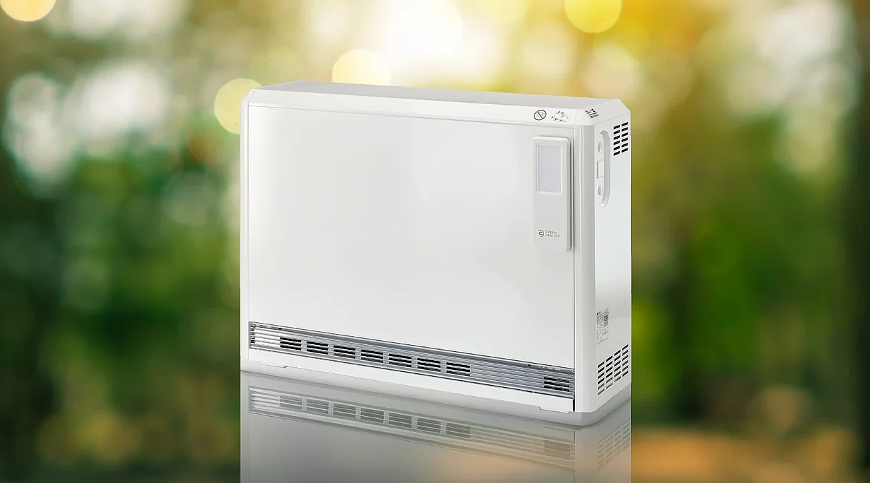 Eine Speicherheizung vor einem unscharfen Waldhintergrund