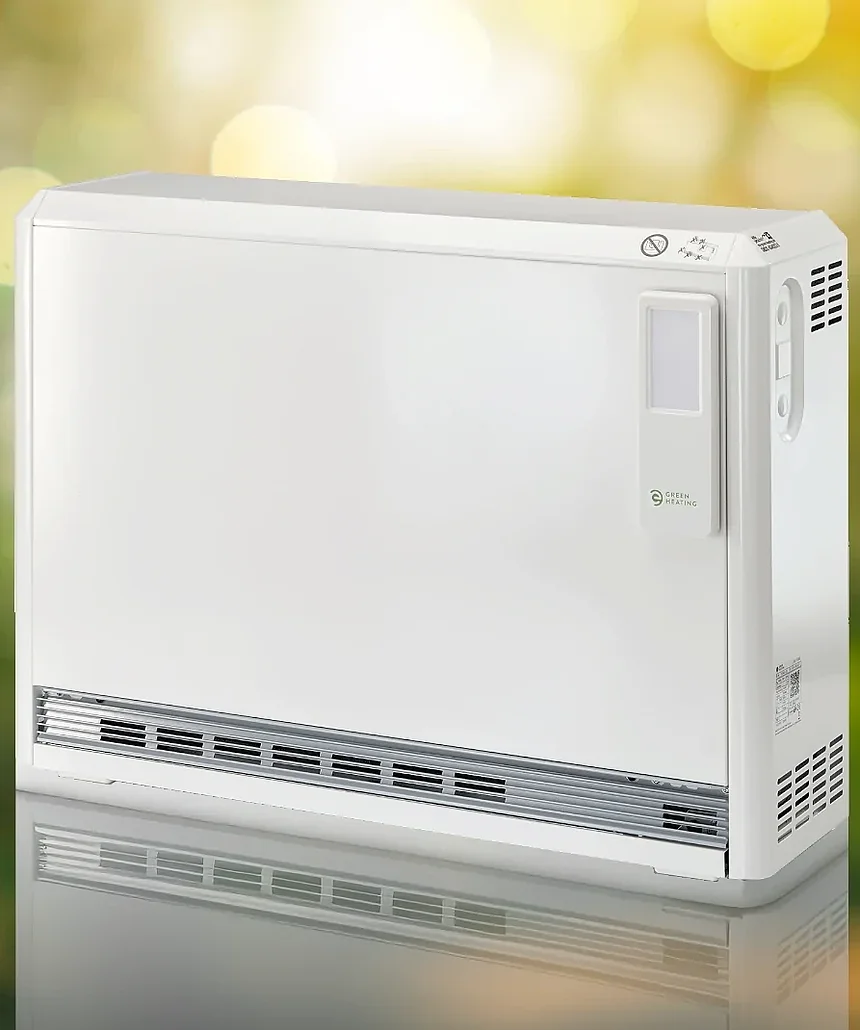 Eine Speicherheizung vor einem unscharfen Waldhintergrund