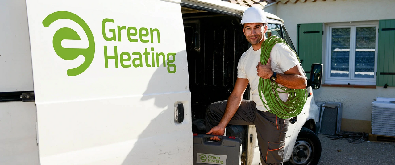 Ein Elektroinstallateur mit grünen Kabel um eine Schulter und einen Werkzeugkoffer aus Plastik in der Hand, steigt gerade in einen Transporter