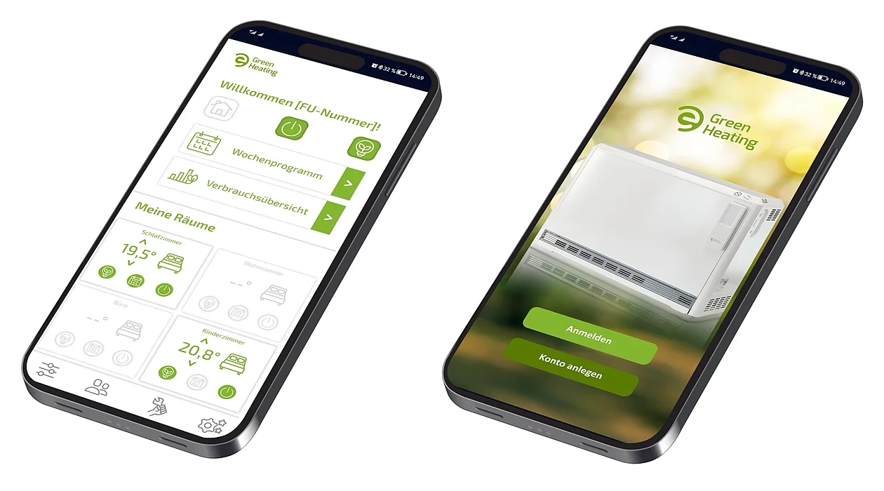 Anmeldebildschirm und Dashboard der Green Heating App