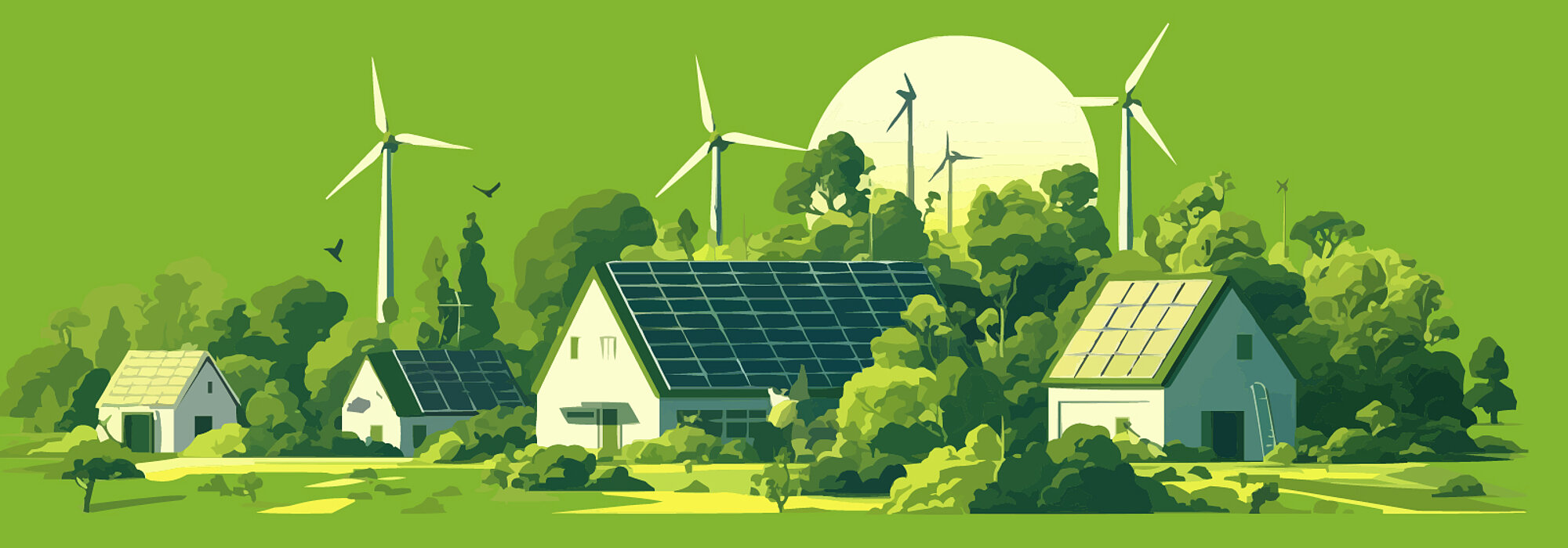 Grünes Comicbild mit vier Häusern und Windkraftanlagen im Hintergrund